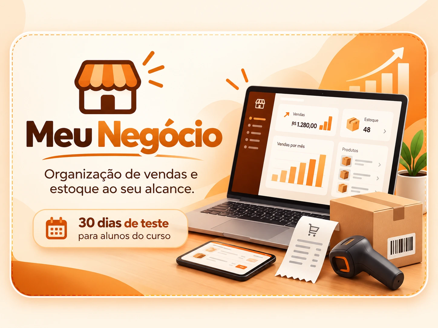 Sistema Meu Negócio com painel de vendas, estoque e teste grátis para alunos do curso
